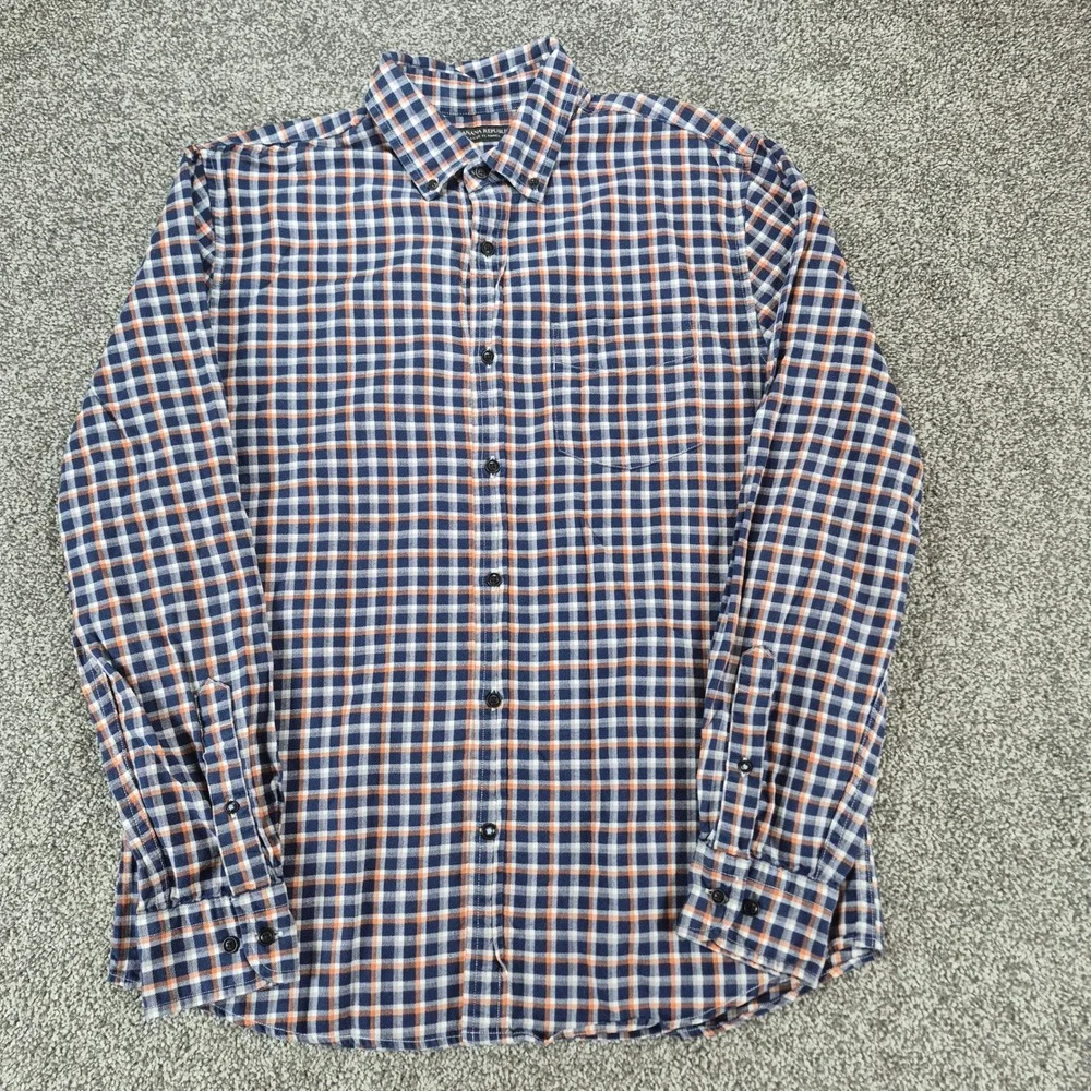 Banana Republic Luxe Flannel Shirt Mens Medium‎ Blue Orange Plaid Slim Fit